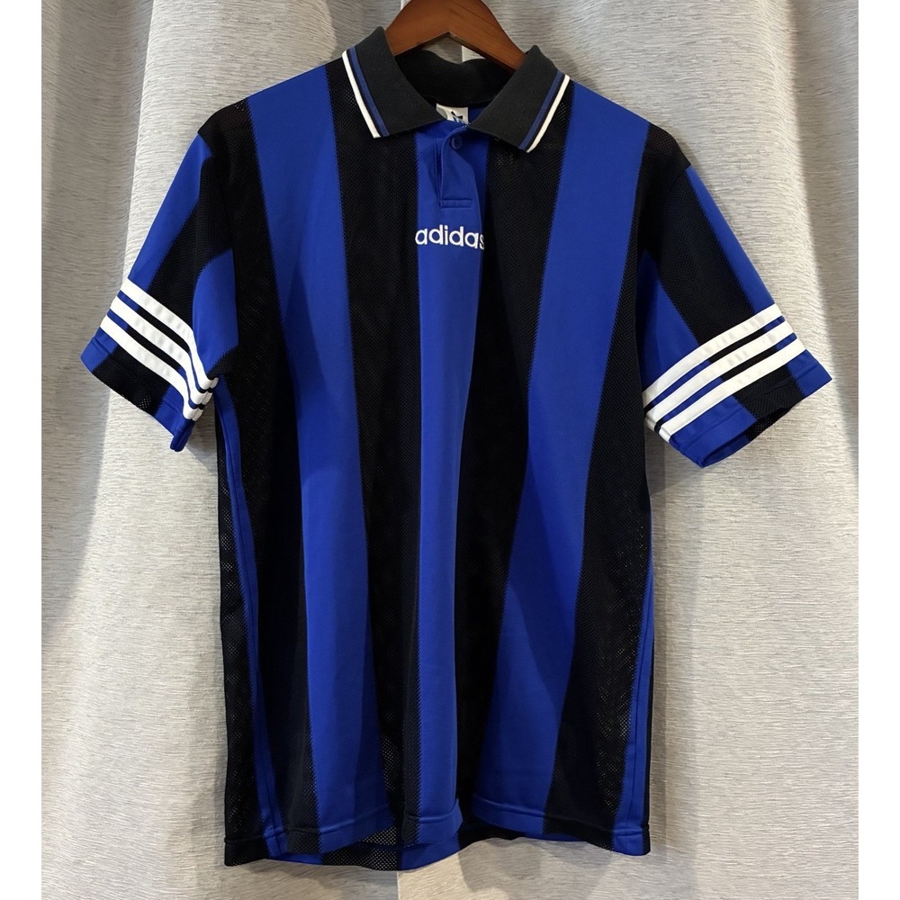 Vintage 90s Adidas Equipment Football Soccer Jersey Blue White Striped Shirt M-L